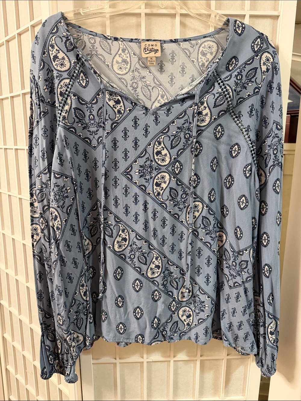 Como Vintage Light Blue Paisley Long-Sleeve Tie-Neck Top